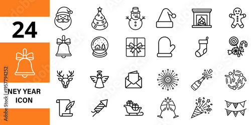 New year icons: santa, snowman, christmas tree, gifts, bells, fireplace, reindeer, angel, champagne, christmas icon