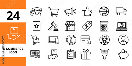 E-commerce and shopping icons set: delivery, payment, service, retail, business, global and finance symbols, thumb up