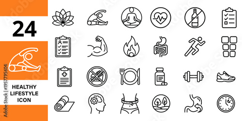 Healthy lifestyle icons set: fitness, yoga, meditation, weight loss, exercise, sports, healthy habits, muscle arm