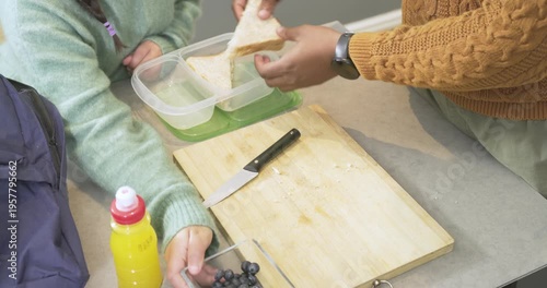 Black father and daughter slicing sandwich at countertop packing lunch with blueberries for school
