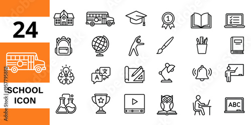 School and education icons set: learning, books, science, transport, graduation, teaching, student life, pencil holder