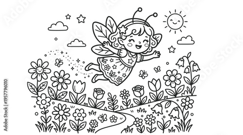 Smiling fairy with wings flying outdoors.