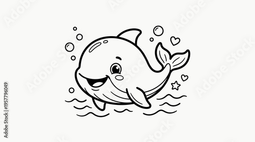 Smiling cartoon dolphin in water.