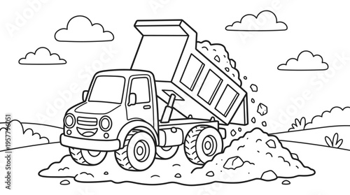 A large dump truck pouring dirt.