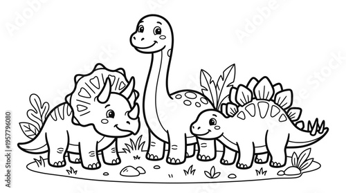 Three dinosaurs standing together smiling.