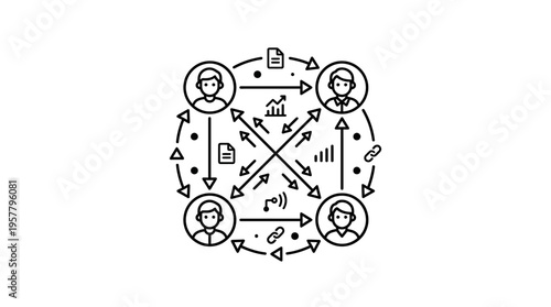 Illustration of interconnected individuals exchanging information with arrows and documents