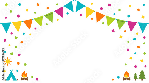 Colorful festive banner with camping elements and confetti, perfect for outdoor celebrations