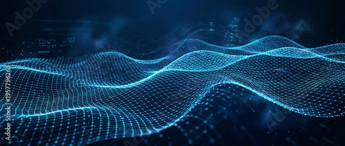 Abstract digital blue wave data visualization, futuristic technology background with glowing particles and geometric patterns