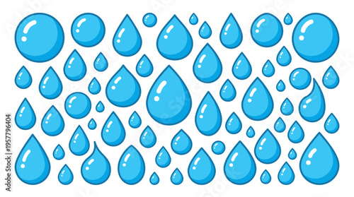 Collection of various blue water droplets in different sizes and shapes on a white background