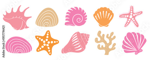 Set of cute hand-drawn seashells, starfish, and corals in pink, orange, and beige colors. Minimalist flat vector illustration in a charming doodle style, isolated on white background. Perfect for summ