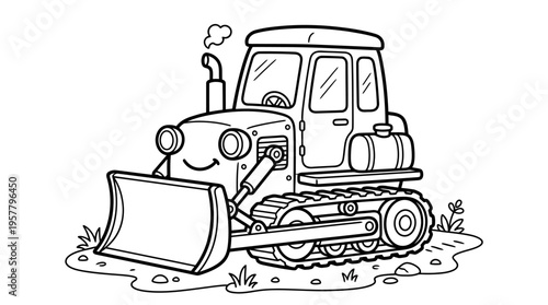 Smiling Cartoon Bulldozer Machine Vehicle.