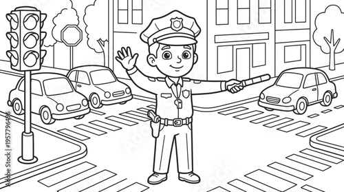 Smiling cartoon traffic police officer directing.