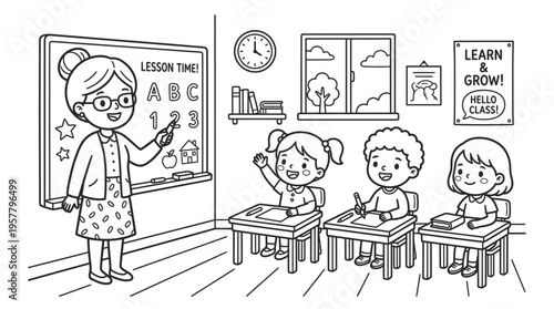 Woman teaching children in classroom.