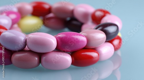 Close-up view of an artful array of colorful oval capsules and pills with a shallow depth of field
