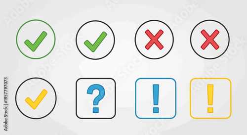 Set of colorful check marks crosses question marks and exclamation marks
