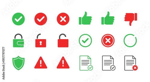 Set of colorful check mark thumbs up and down lock and file icons
