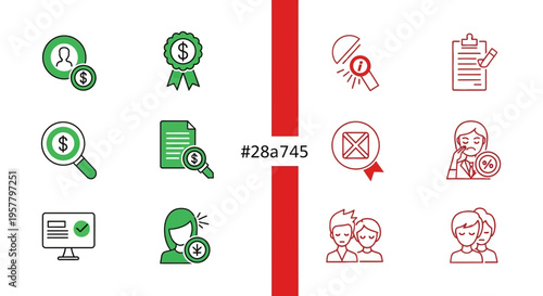 Set of financial and business icons with money and people illustrations