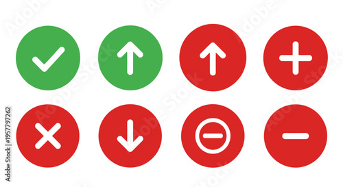 Set of eight round icons with check marks arrows and plus minus signs
