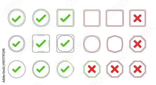 Set of green check marks and red cross icons on white background