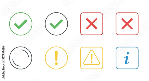 Set of icons representing checkmarks crosses alerts and information symbols