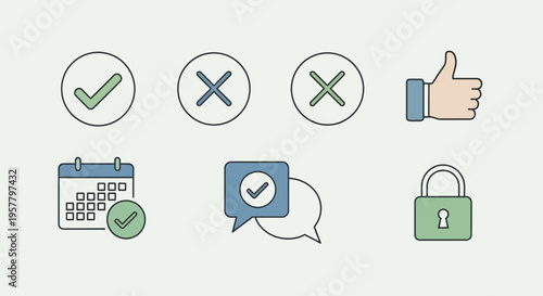 Set of icons representing checkmarks crosses thumbs up and security concepts
