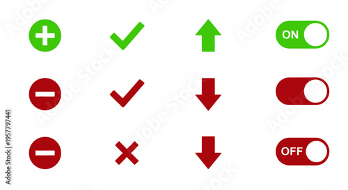 Set of icons representing positive and negative on and off and arrows