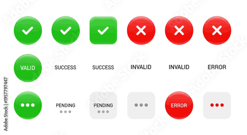 Set of icons representing validation status including success failure and pending
