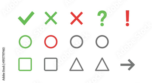 Set of icons with check marks crosses question mark and exclamation