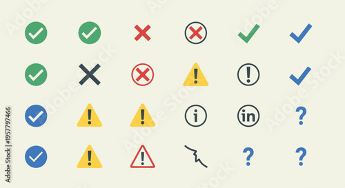 Set of icons with check marks crosses exclamation points and question marks