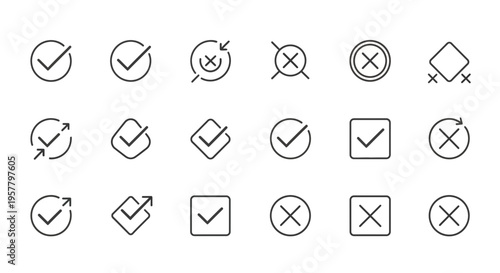 Set of minimalist check mark and cross symbols in various shapes and forms