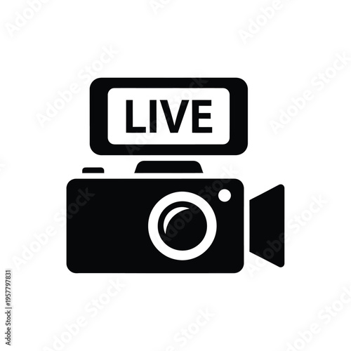 A black and white icon of a video camera with a 'live' sign on top, symbolizing broadcasting and streaming.