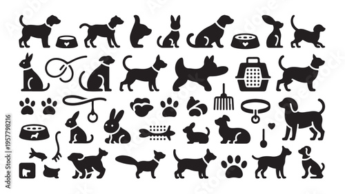 Pet shop and veterinary icons set featuring dogs cats rabbits paw prints and animal care items