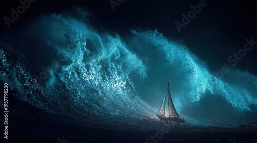 Sailboat struggling to stay afloat in a massive stormy ocean wave at night