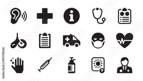 Medical and health care icon set. collection of health sign. information and emergency vector