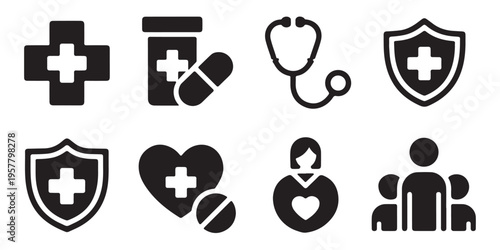 Medical insurance and pharmacy icons set for healthcare services patient care and treatment