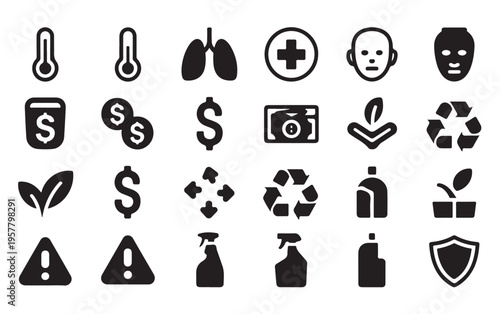 Medical healthcare set vector illustration graphic design. thermometer, money, face mask, plant, recycle