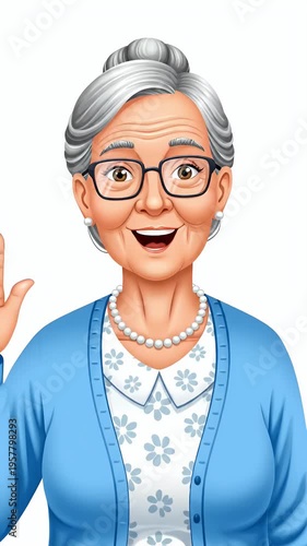 Smiling Grandma Waving Hello in Blue Cardigan and Glasses