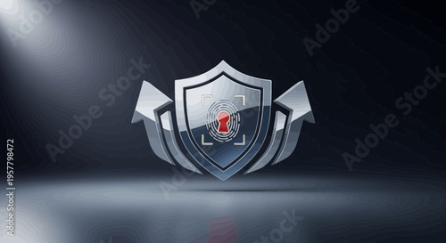 Security shield with fingerprint sensor representing data protection