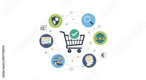 Online shopping and e commerce symbols with cart and checkmark illustration