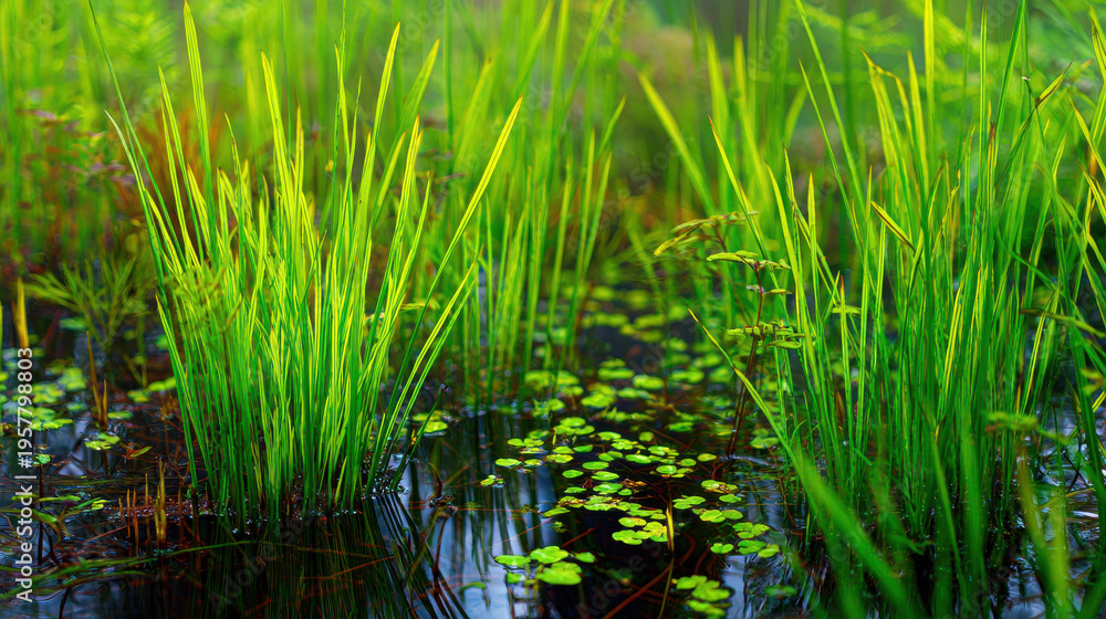 Obraz premium Lush Aquatic Wetland Ecosystem with Vibrant Green Reeds and Lily Pads