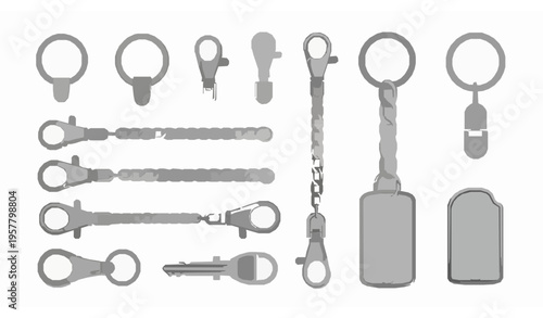 Steel keychain components lineup with split rings chains and clasps realistic metallic vector set