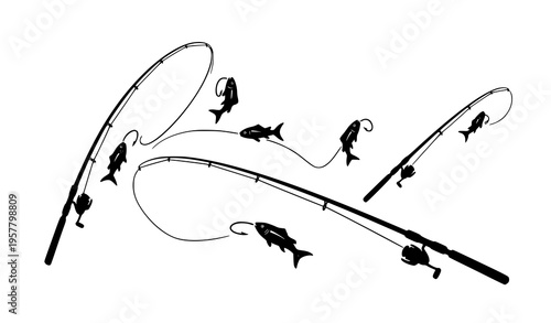 Fishing rods and fish dynamic monochrome vector illustration black white outdoor sport angling concept