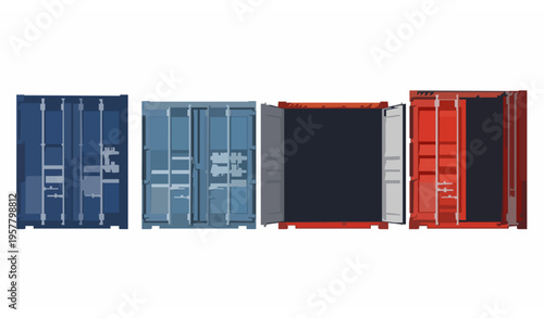 Intermodal cargo container lineup with open and closed doors flat realistic freight box vector set