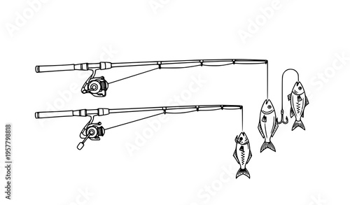 Fishing rods with fish horizontal layout black and white outline vector angling equipment illustration
