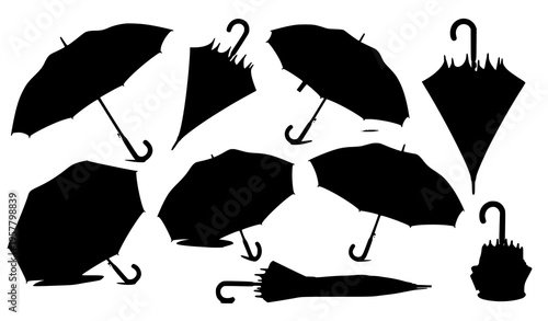 Realistic gray umbrella collection with open canopy and folded parasol views stylish weather accessory vector