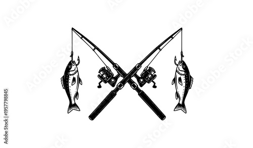 Crossed fishing rods with fish monochrome vector illustration black and white angling logo design