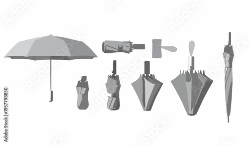 Light gray umbrella lineup with open folded and compact parasol positions realistic vector accessory set