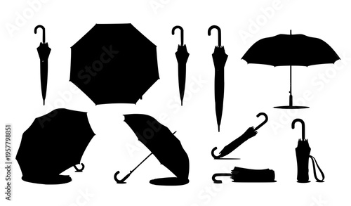 Realistic light gray umbrella set with open and folded parasol views rain protection accessory vector collection