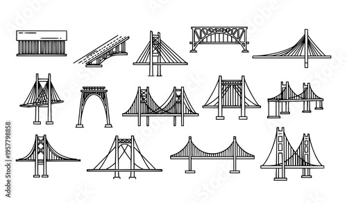 Bridge types monochrome icon collection with thin line beam truss cantilever arch suspension and viaduct