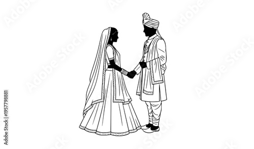Traditional Indian bride and groom silhouette holding hands elegant wedding vector design isolated